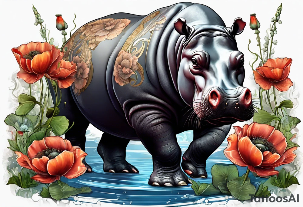 Hippopotamus, poppies, water lilies, tattoo idea