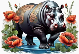 Hippopotamus, poppies, water lilies, tattoo idea