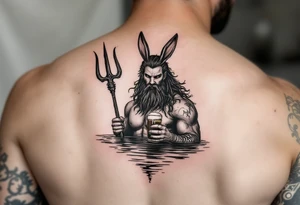 poseidon with trident half way in calm water with a beer and bunny ears tattoo idea