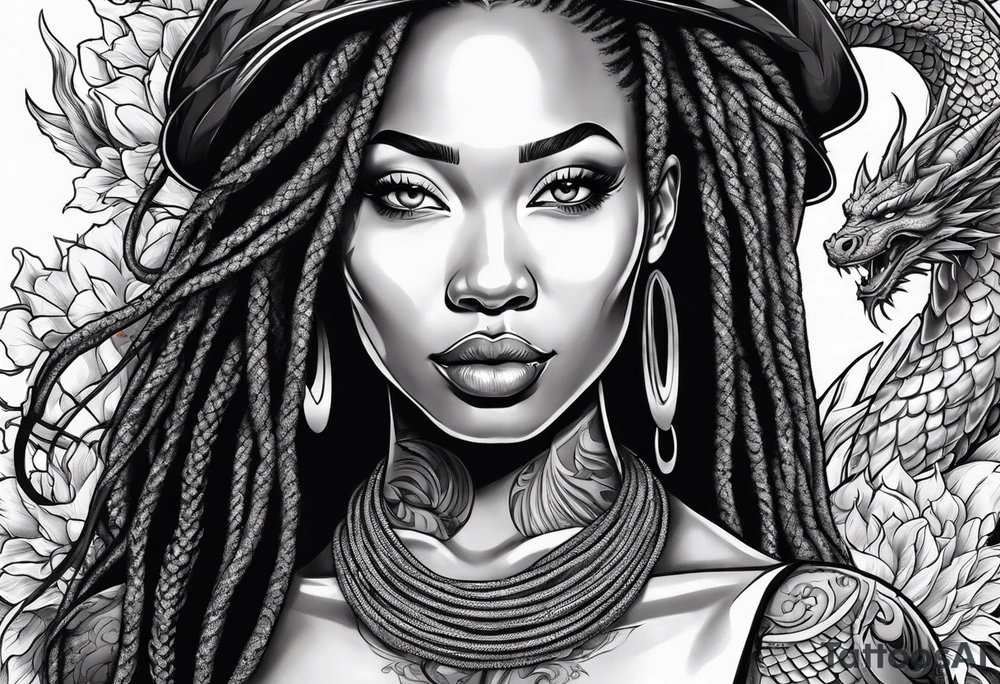 Woman with locs and red dragon in background tattoo idea