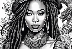 Woman with locs and red dragon in background tattoo idea