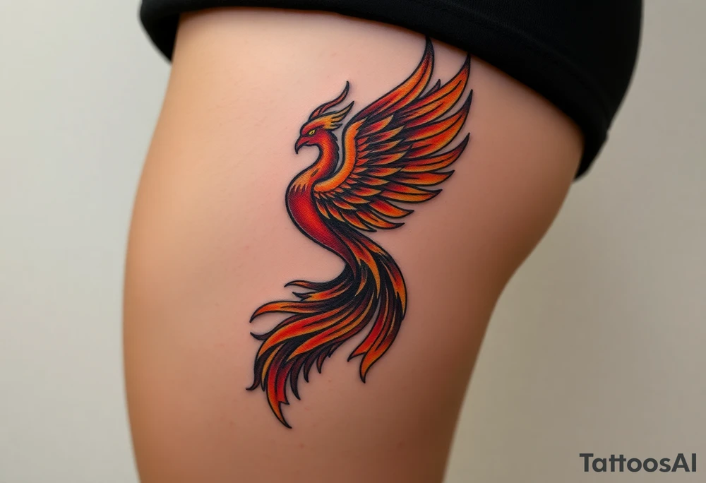 magnificent vibrant phoenix rising from flames with trailing embers  and golden sunset and sky with puffy clouds and heaven backdrop tattoo idea