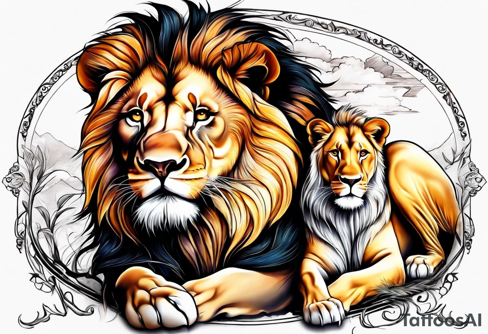 Realistic lion and lioness 
bonding tattoo idea