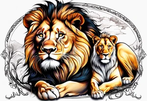 Realistic lion and lioness 
bonding tattoo idea