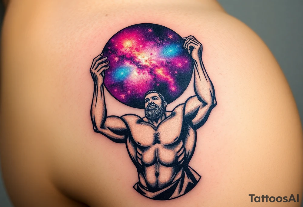 A powerful Atlas holding the celestial sphere, his muscles straining under a galaxy-filled globe in shades of deep purples, blues, and shimmering gold tattoo idea