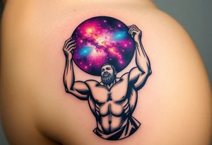 A powerful Atlas holding the celestial sphere, his muscles straining under a galaxy-filled globe in shades of deep purples, blues, and shimmering gold tattoo idea