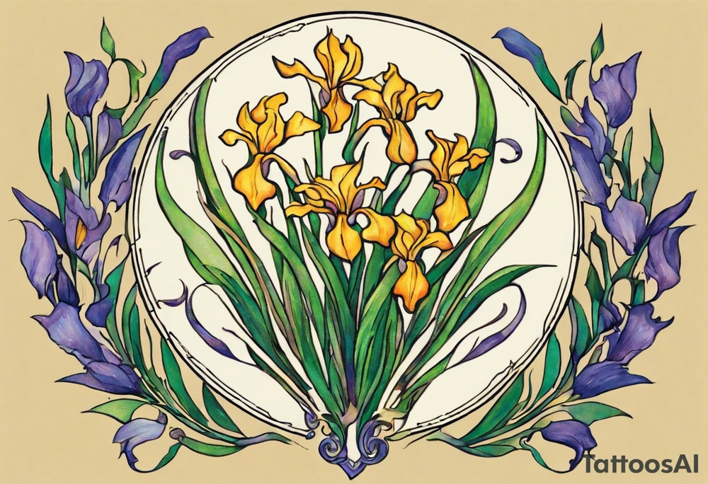 Create a colorful Vincent van Gogh Irises tattoo with Athena's shield and spear. The tattoo should take the form of a crescent, with vines gracefully intertwining at a central point in the middle of the wreath.  The intended placement is on the upper chest. The overall design should be small in size while maintaining a delicate and artistic aesthetic. Pay attention to the graceful flow of the vines and the placement of the irises to achieve a refined and elegant look. tattoo idea