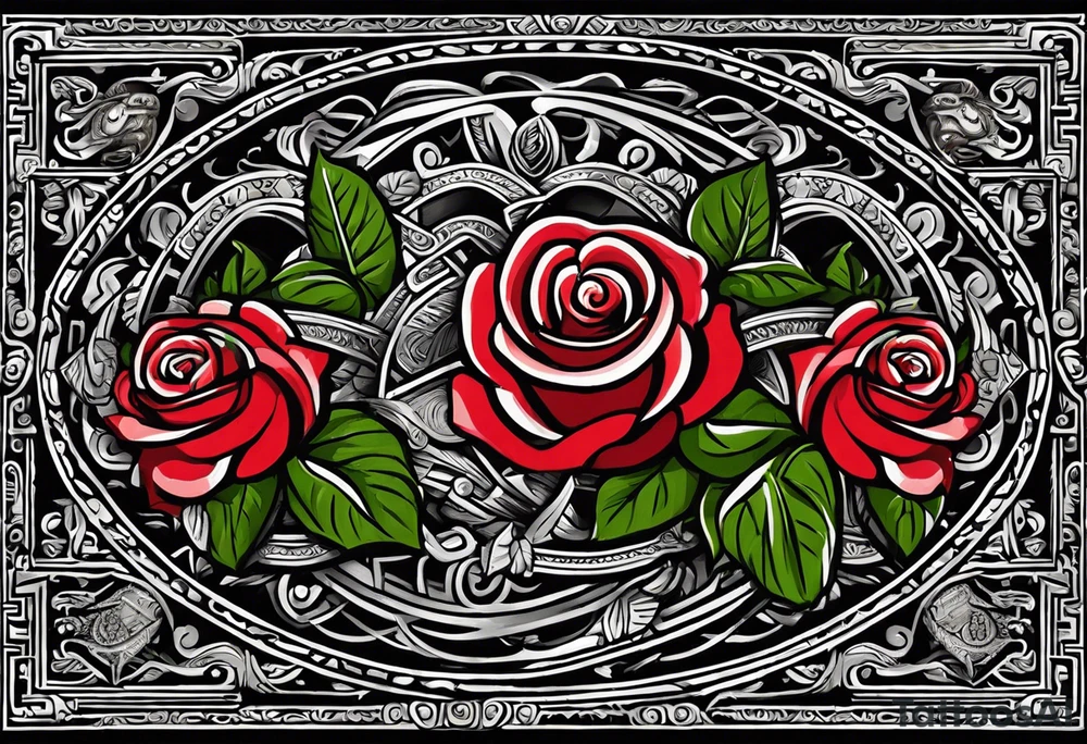 Design a masculine tattoo depicting three delicate rose buds being embraced and protected by 
Aztec weapons. The weapons should include elements such as the macuahuitl (Aztec sword-club)
, arranged in a way that forms a protective circle or embrace around the roses. Carve the entire image as if it were a stone sculpture by an ancient Aztec artist, with the texture resembling intricately detailed stone carvings. The roses should be slightly softer but still stylized in stone, giving the entire tattoo a powerful, yet artistic and ancient feel. Use bold, sharp lines to capture the essence of Aztec craftsmanship tattoo idea