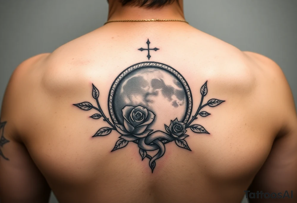 Search Lilith royalty symbol on Google and use that one together with a rose around the top half of the symbol moon and add a loose knot tattoo idea
