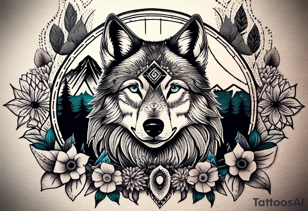 A whimsical wolf tattoo featuring mandala or dream catcher elements, with the wolf as the central focus, surrounded by mountains in the background. Include flowers and nature elements to fill the space around the wolf. Some color but not completely solid bold color tattoo idea