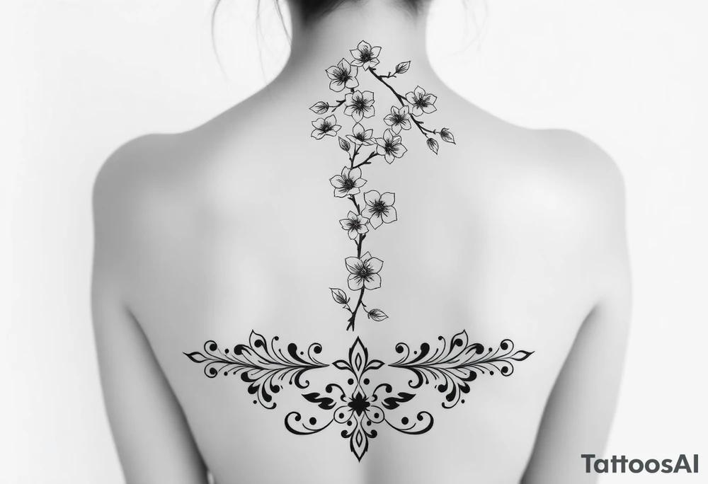 A detailed and elegant tattoo design for the spine, incorporating a vertical flow of cherry blossoms with delicate petals and branches. The lower back features symmetrical ornamental elements inspired by tribal and decorative patterns, seamlessly blending into the floral motif. The design uses fine linework, intricate dotwork, and soft curves that follow the natural contours of the body, creating a feminine and cohesive piece. The overall aesthetic is balanced, with a mix of bold ornamental elements at the lower back and light, airy floral accents along the spine. tattoo idea