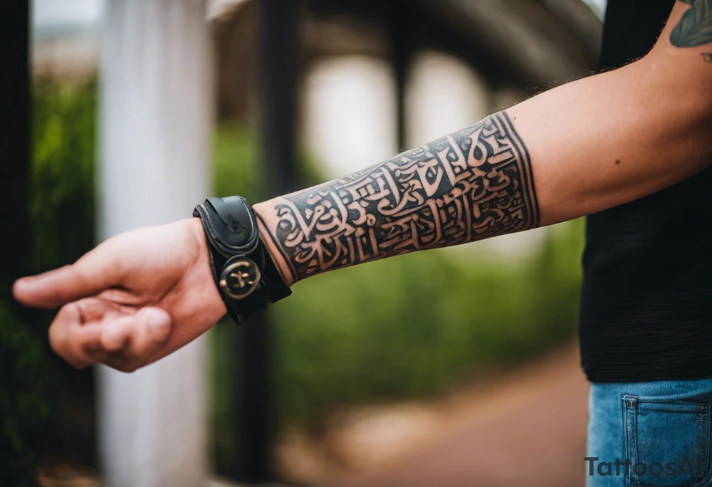 A forearm tattoo on the front of the forearm with the writing "فَأَيْنَ، يَا مَوْتُ، شَوْكَتُكَ؟ وَأَيْنَ، يَا مَوْتُ نَصْرُكَ؟ " fully visible tattoo idea
