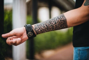 A forearm tattoo on the front of the forearm with the writing "فَأَيْنَ، يَا مَوْتُ، شَوْكَتُكَ؟ وَأَيْنَ، يَا مَوْتُ نَصْرُكَ؟ " fully visible tattoo idea