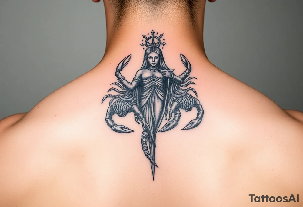 Dos poderosos escorpiones trepando por el cuerpo de la señora de la justicia tattoo idea