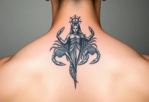 Dos poderosos escorpiones trepando por el cuerpo de la señora de la justicia tattoo idea