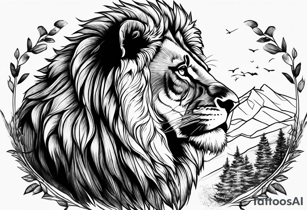 Powerful lion up close with nature in background tattoo idea Powerful lion up close with nature in background tattoo idea