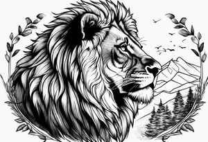 Powerful lion up close with nature in background tattoo idea