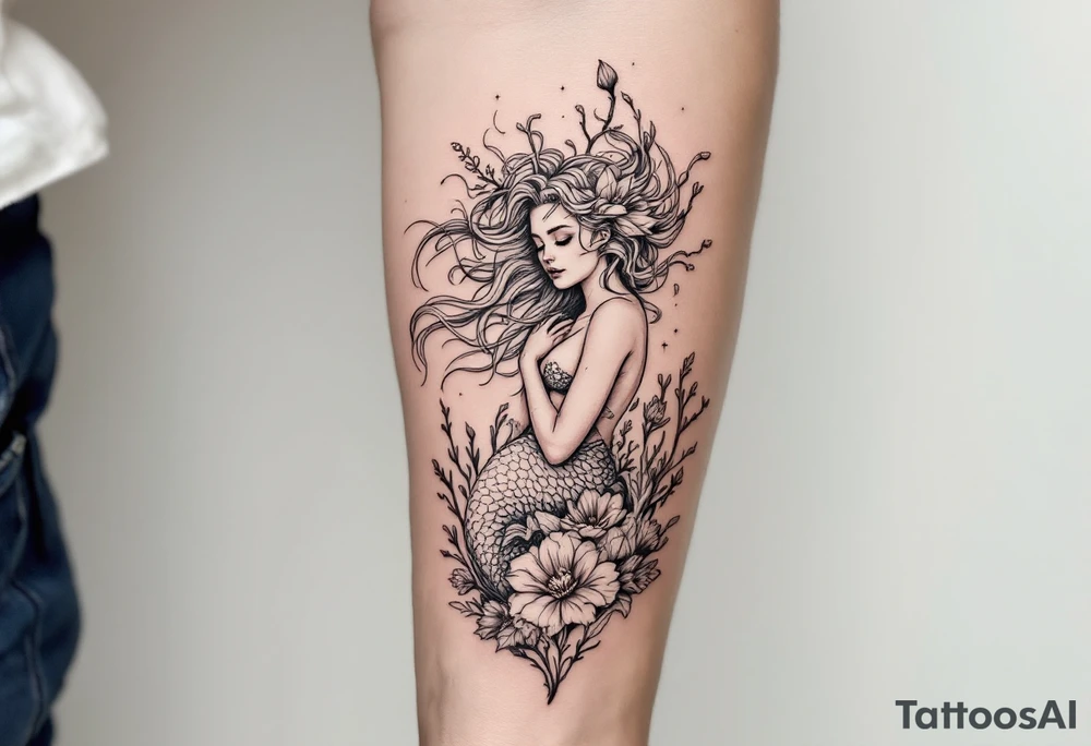 ethereal mermaid with flowing hair among coral and sea flowers tattoo idea
