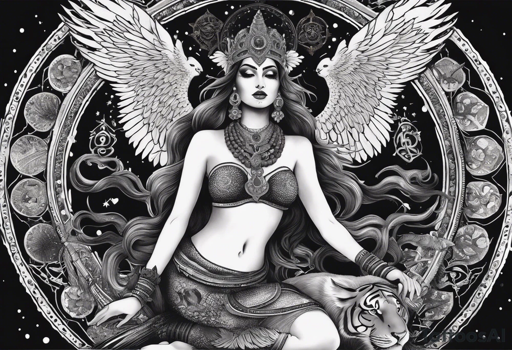 black kali, goddess pirate, alien, angel, pachamama, valkrye, warrior, flying, skull, lotus azul, wing, eagle, zenza resonance, stars, 5D, anahata chakra, death, durga, riding on a tiger, flying lady, kundalini, chest tatoo, samuri, rebel, serpent tattoo idea