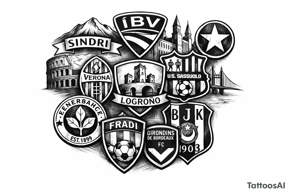 Iceland x3 (sindri, ibv, stjarnan)
Italy x2 (Verona, Sassuolo)
Spain (Logrono)
Turkey x2 (Fenerbahce, Besiktas)
Hungary (Fradi)
France (Bordeaux) Something small that contains these countries or clubs tattoo idea