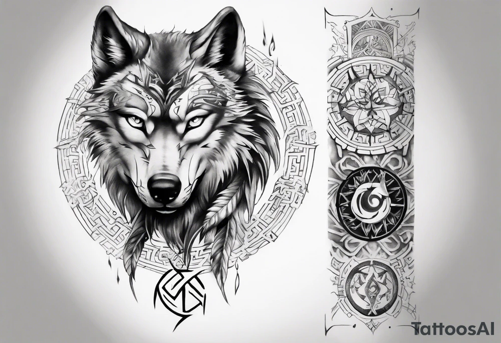 want a half sleeve on my left forearm featuring a side profile of wolf with a vegvisir for its eye, incorporating Māori patterns tattoo idea