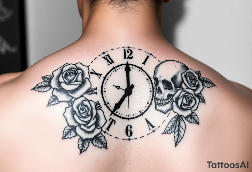 Broken Clock face 11:43 as set time. With roses and skull looking to the clock feminine tattoo idea