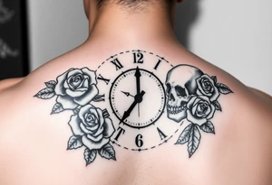 Broken Clock face 11:43 as set time. With roses and skull looking to the clock feminine tattoo idea