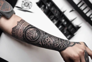 forearm tattoo. Viking letters on fingers, viking rune on wrist, up to forearm odin and crow tattoo idea