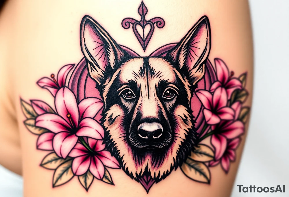 strong looking short haired german shepherd with alert ears surrounded by pink lilies with large leaves in front of a sacred heart tattoo idea