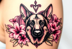 strong looking short haired german shepherd with alert ears surrounded by pink lilies with large leaves in front of a sacred heart tattoo idea