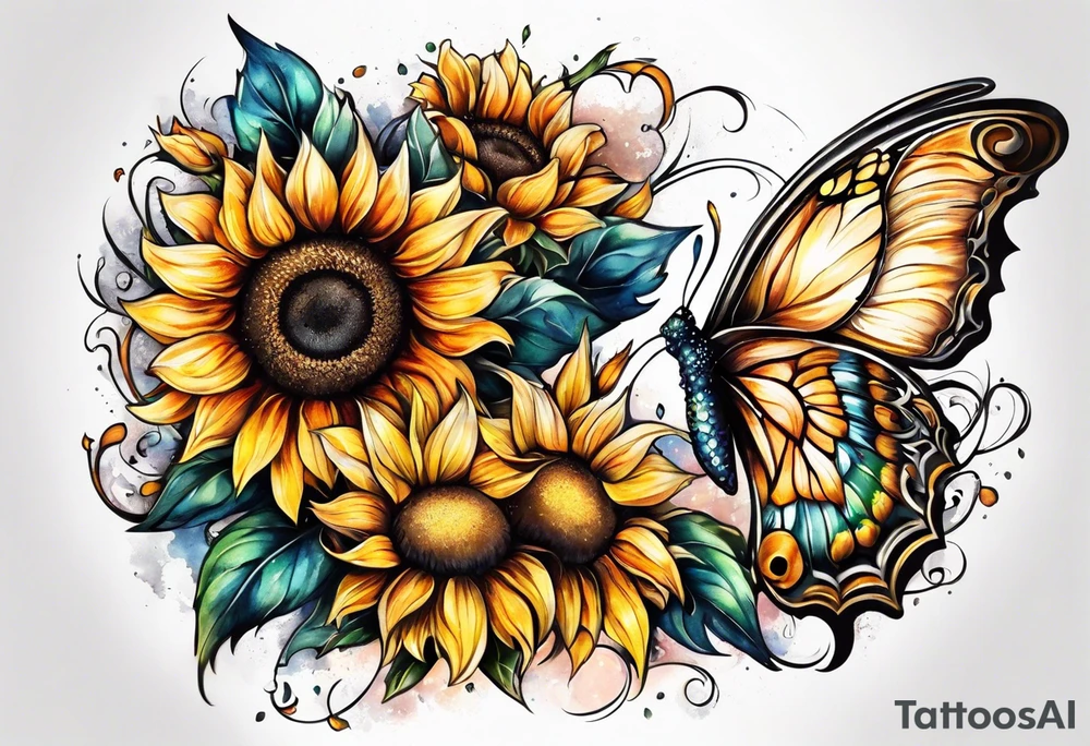 Sunflowers and angel wings leg sleeve tattoo idea