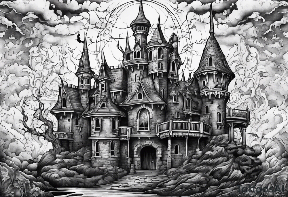 Scary rotting haunted castle tattoo idea