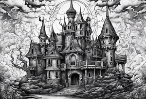 Scary rotting haunted castle tattoo idea