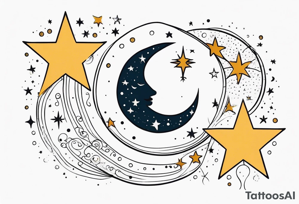 Western sun stars and moon. Mirrored with swirls and dots and stars tattoo idea