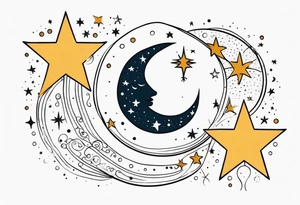 Western sun stars and moon. Mirrored with swirls and dots and stars tattoo idea