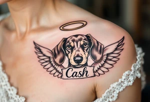 Dachshund ears between wings with a halo above and the name Cash tattoo idea