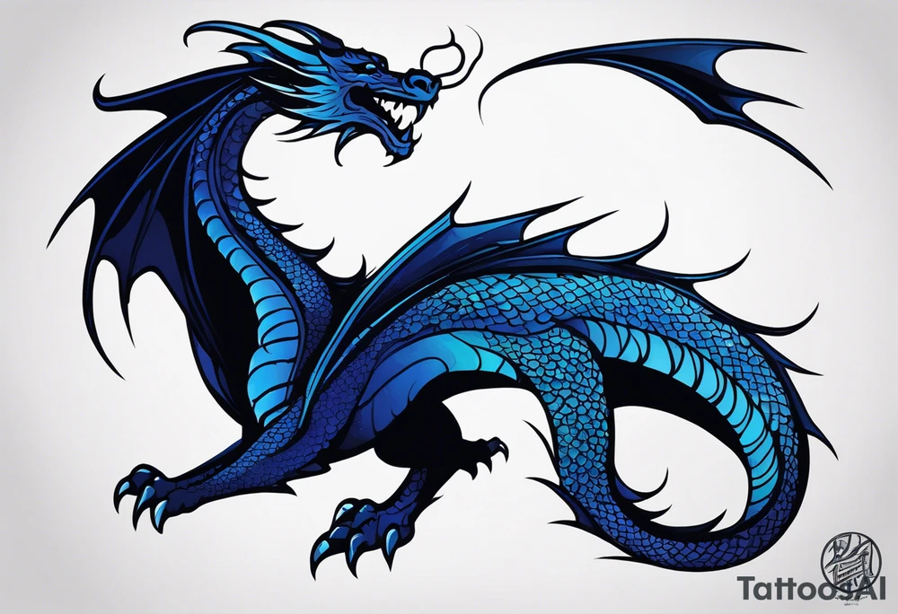 An epic floating dragon. Its long body coiling dynamically, with scales and horns detailed to create a sense of movement and strength. The dragon's main color is midnight blue, giving a vibrant depth and a mystical aura. This tattoo highlights the dragon’s fierce expression and sharp claws. tattoo idea