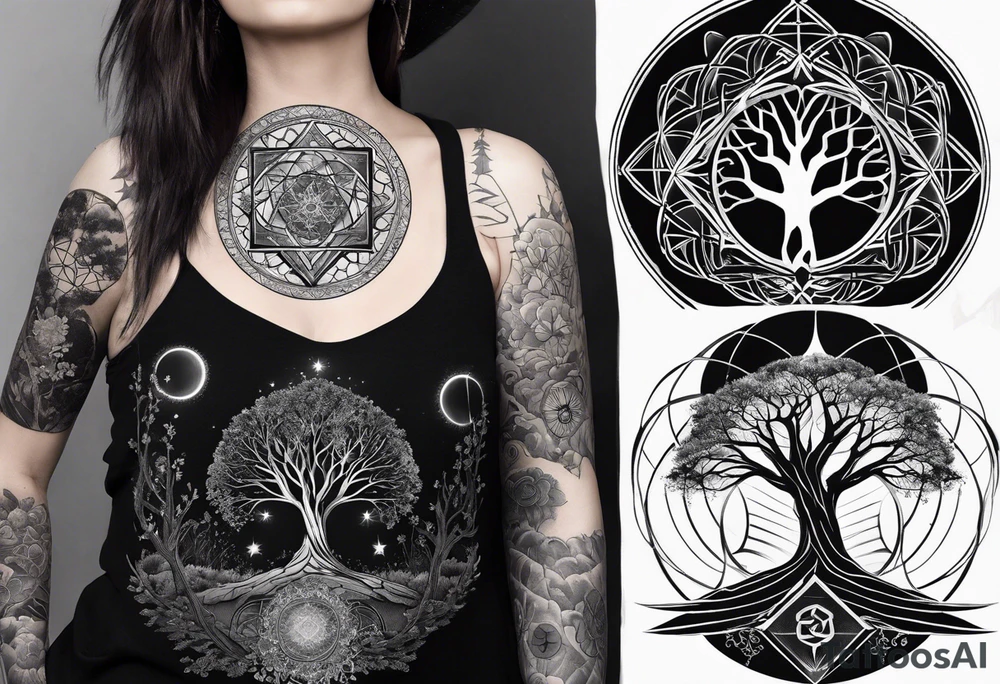 sleeve tattoo for women with symbols of sacred geometry: Metatron's cube, Kabbalah tree of life tattoo idea