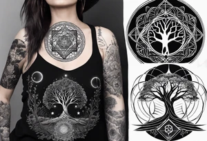 sleeve tattoo for women with symbols of sacred geometry: Metatron's cube, Kabbalah tree of life tattoo idea