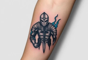 A cursed Templar knight, his armor cracked and oozing dark energy, with eerie blue flames flickering around him tattoo idea