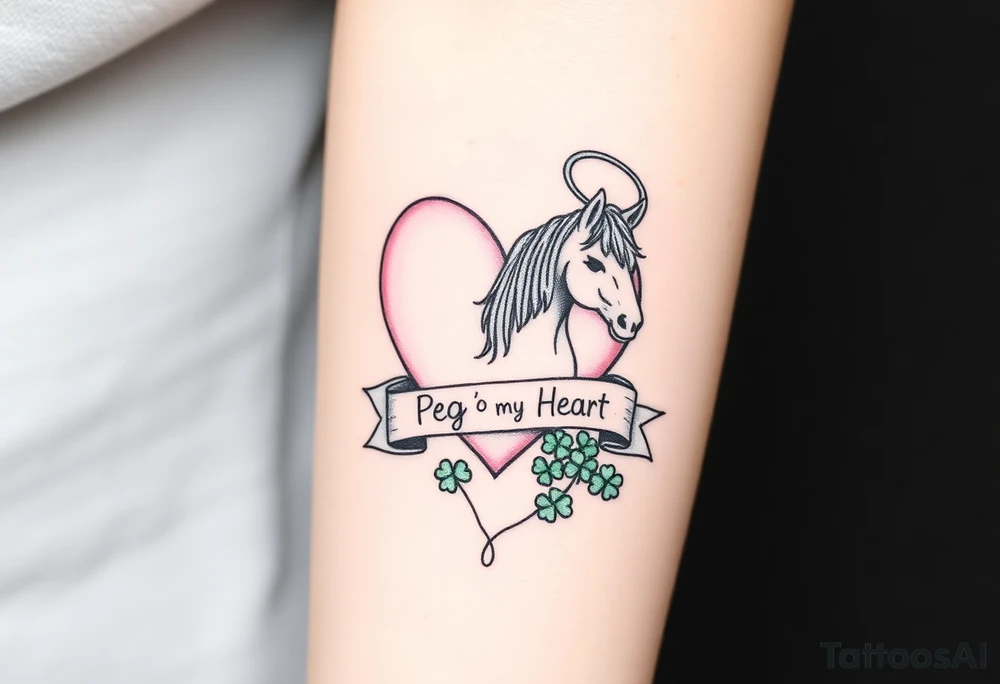 a big pale pink heart and a mare with wings and a halo and a bunch of green shamrocks, with a banner across the heart that says Peg 'o My Heart tattoo idea