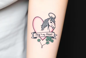 a big pale pink heart and a mare with wings and a halo and a bunch of green shamrocks, with a banner across the heart that says Peg 'o My Heart tattoo idea