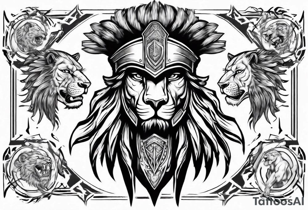 Spartan soldier with the head of a lion underneath him tattoo idea