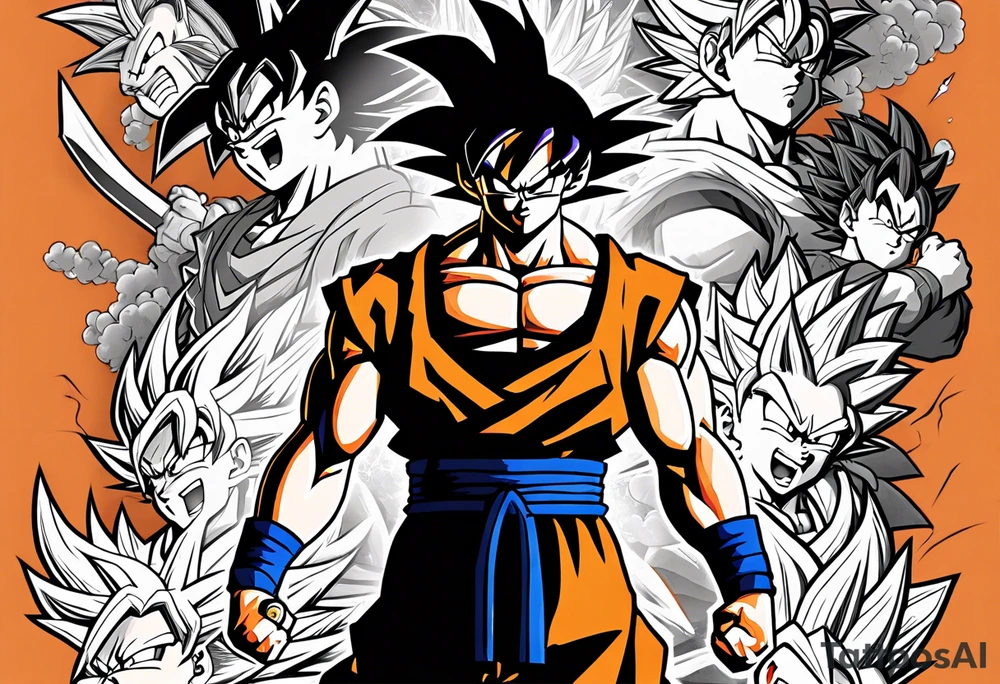Son-Goku as a super saiyajin is in the middle and black Silhouettes of Gokus friends are surrounding him and covering his back tattoo idea