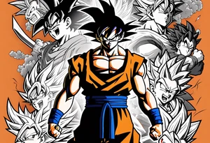 Son-Goku as a super saiyajin is in the middle and black Silhouettes of Gokus friends are surrounding him and covering his back tattoo idea