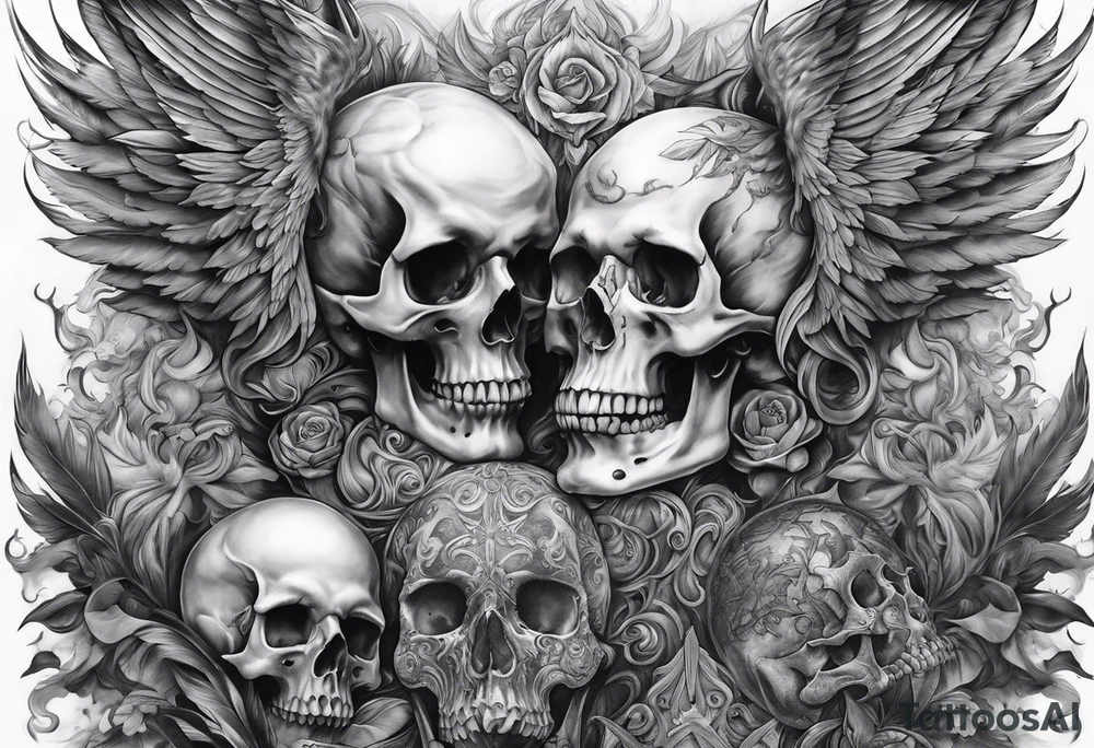 Angels and demons full sleeve with skulls and fire and smoke for filler tattoo idea