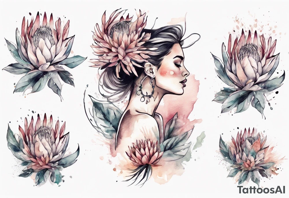 Very feminine tattoo with a woman dancing in a wind of protea flowers tattoo idea