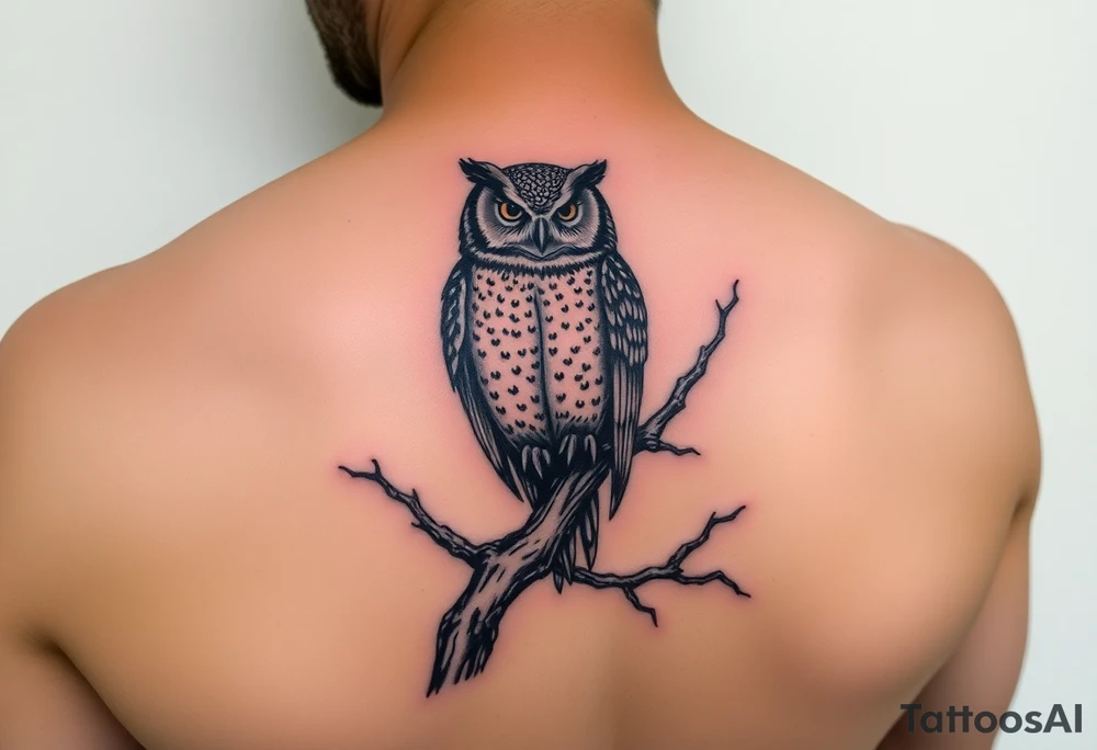 wise owl perched on ancient oak branch under starlit sky tattoo idea