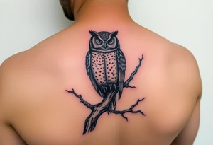 wise owl perched on ancient oak branch under starlit sky tattoo idea