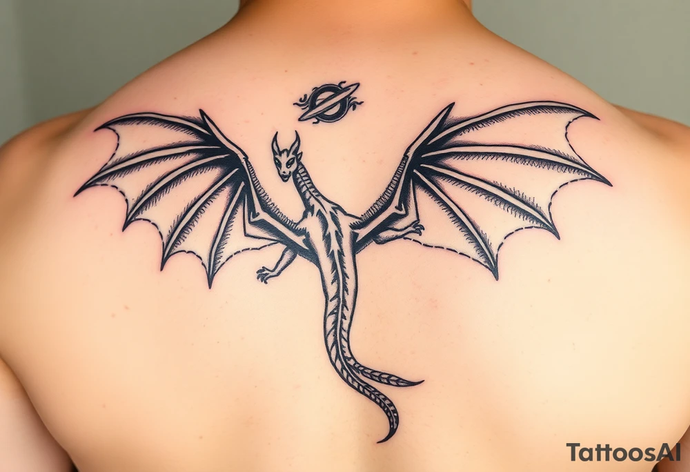 Dragon flying with outstretched wings, facing the viewer, with a long and slender body, the head slightly higher than the wings, and the tailed stretched out to one side tattoo idea